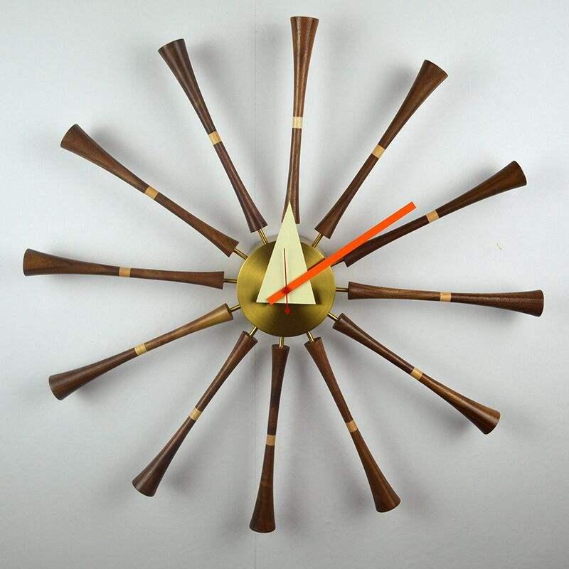 Spindle Wall Clocks Livingroom Large Size Modern Design Wall Watch Quartz Silent Brass Shell Dial American Walnut Wooden Decor
