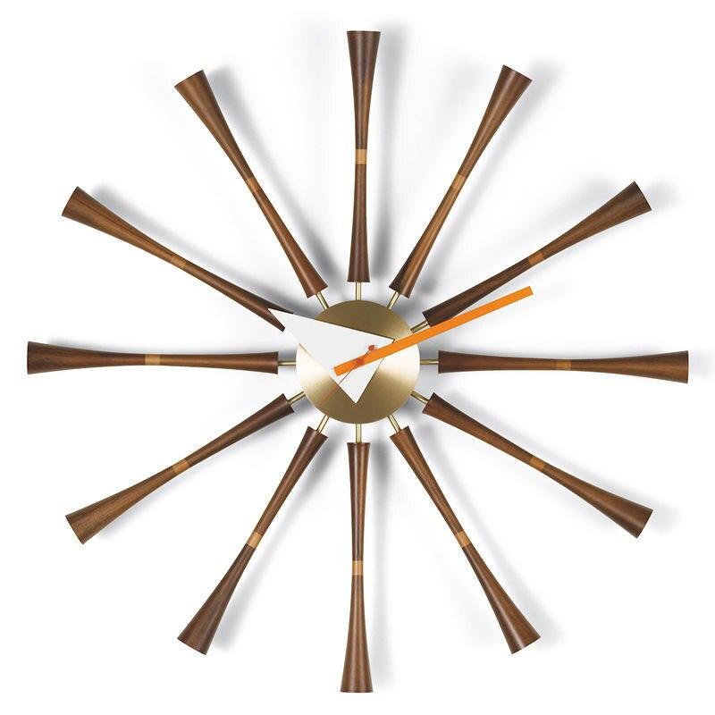 Spindle Wall Clocks Livingroom Large Size Modern Design Wall Watch Quartz Silent Brass Shell Dial American Walnut Wooden Decor