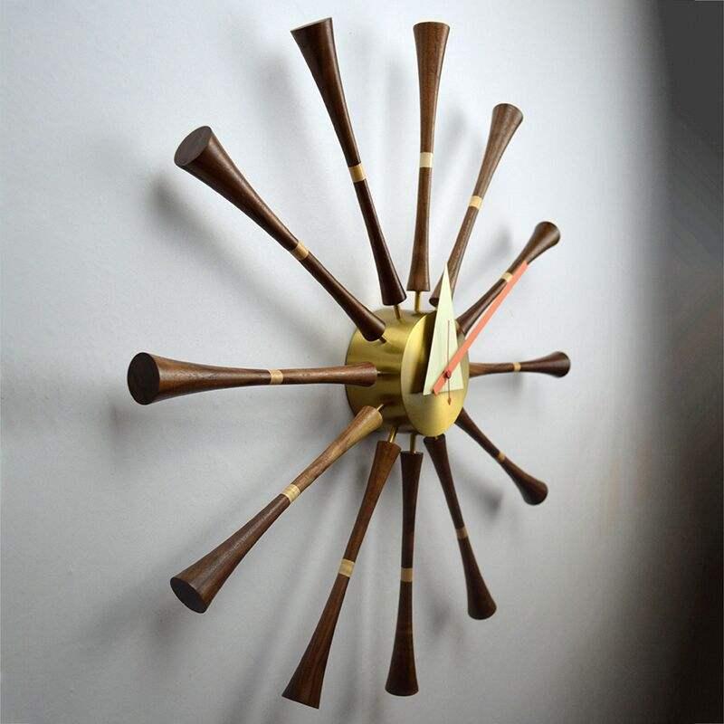 Spindle Wall Clocks Livingroom Large Size Modern Design Wall Watch Quartz Silent Brass Shell Dial American Walnut Wooden Decor