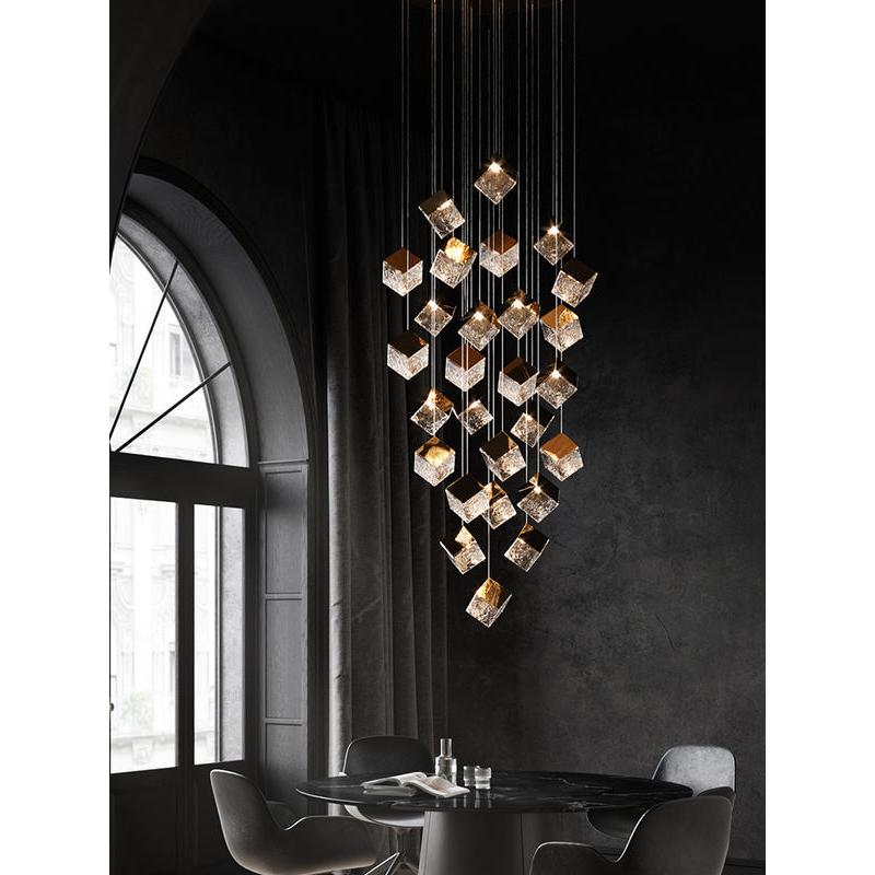Designer Crystal Light -Modern Glass Rubik's Cube Revolving Stair Chandelier
