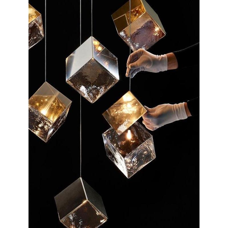 Designer Crystal Light -Modern Glass Rubik's Cube Revolving Stair Chandelier