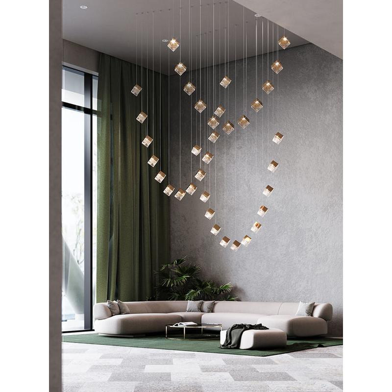 Designer Crystal Light -Modern Glass Rubik's Cube Revolving Stair Chandelier