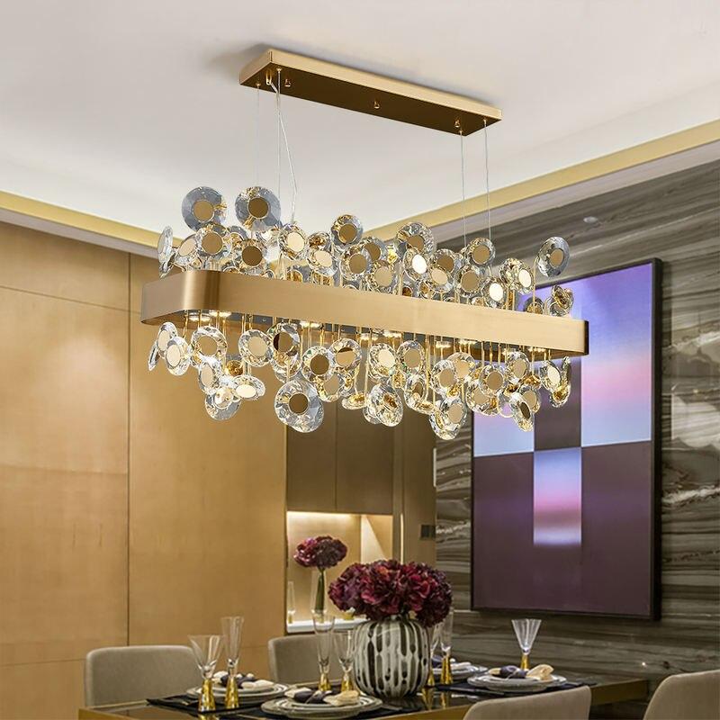 Gold/Black Crystal Rectangle Chandelier Lighting,Living Room - Kitchen Island Hanging Lamp