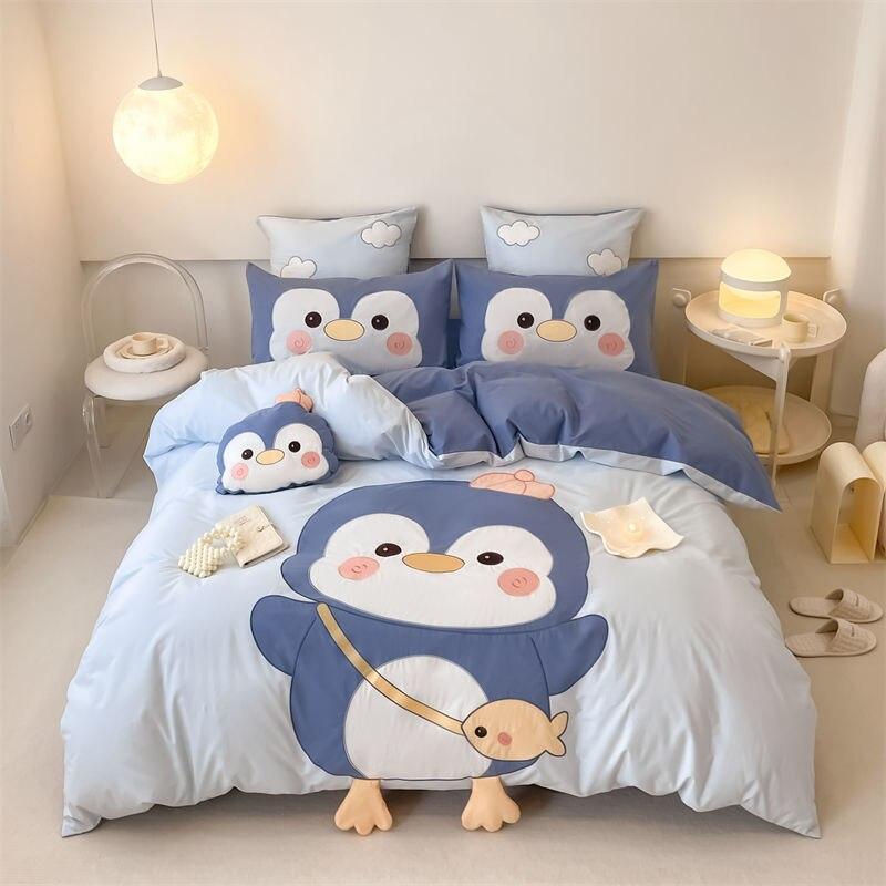 100% Cotton Cute Cartoon Penguin Rabbit Bear Applique Child Bedding Set Full Size Duvet Cover Bed Sheet Pillowcases Kids Gift