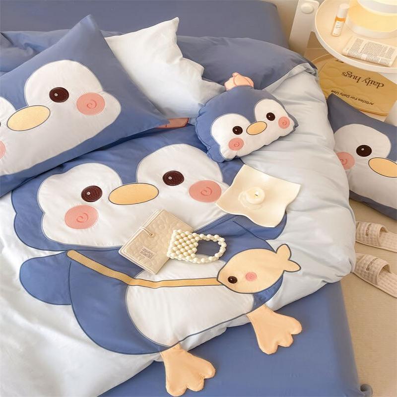100% Cotton Cute Cartoon Penguin Rabbit Bear Applique Child Bedding Set Full Size Duvet Cover Bed Sheet Pillowcases Kids Gift