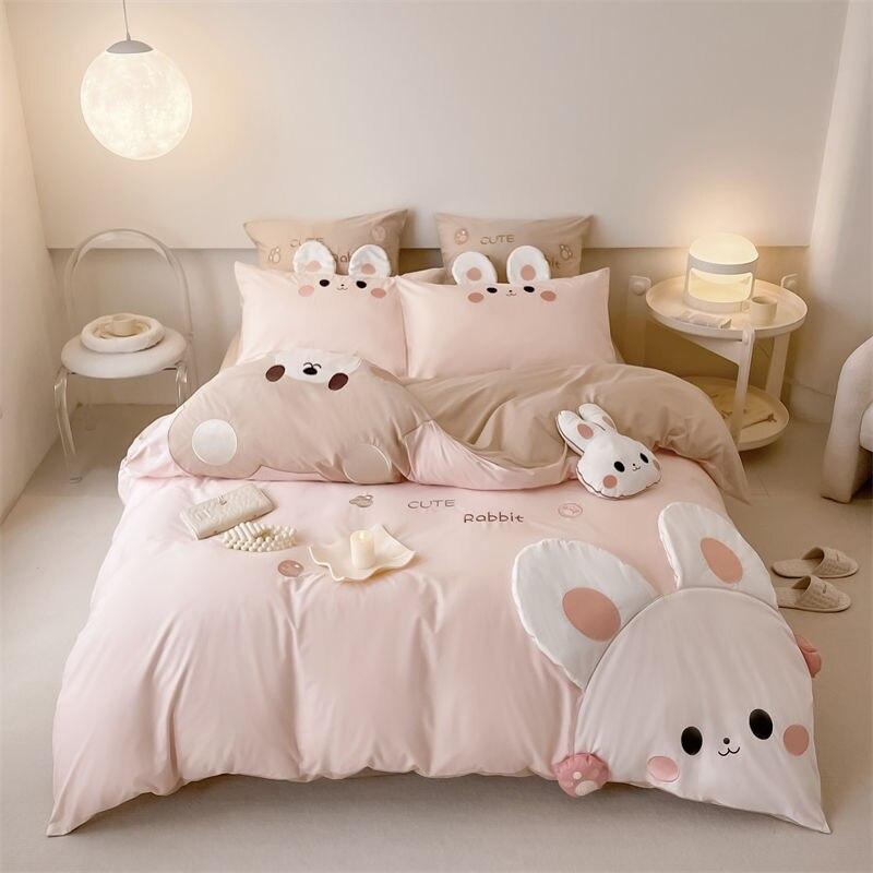 100% Cotton Cute Cartoon Penguin Rabbit Bear Applique Child Bedding Set Full Size Duvet Cover Bed Sheet Pillowcases Kids Gift