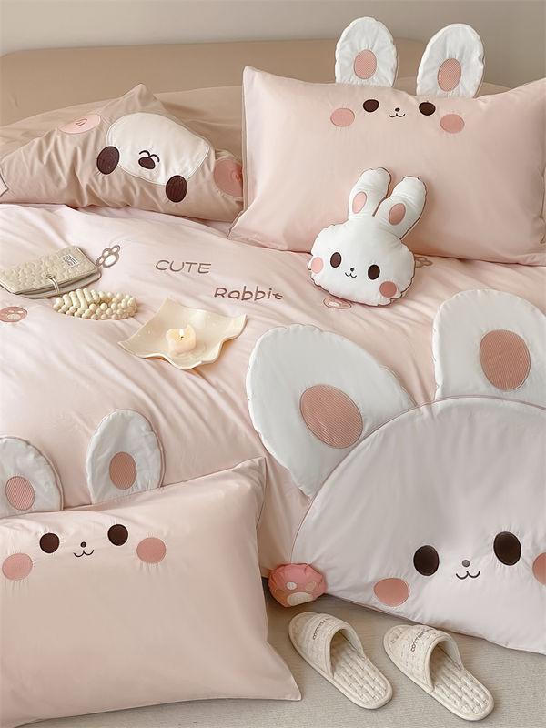 100% Cotton Cute Cartoon Penguin Rabbit Bear Applique Child Bedding Set Full Size Duvet Cover Bed Sheet Pillowcases Kids Gift