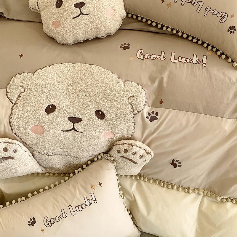 Cute Cartoon Bear Applique Embroidery 100% Cotton Child Bedding Set Single Quilt Cover Bed Comforter Cover Bed Sheet Pillowcases